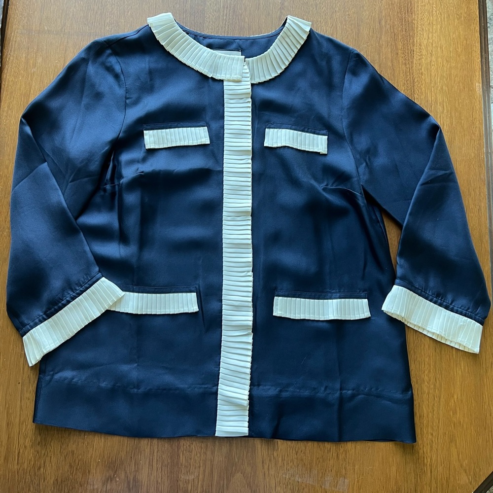 J Crew Collection Pleated Button Front Silk Blouse Navy Blue and White